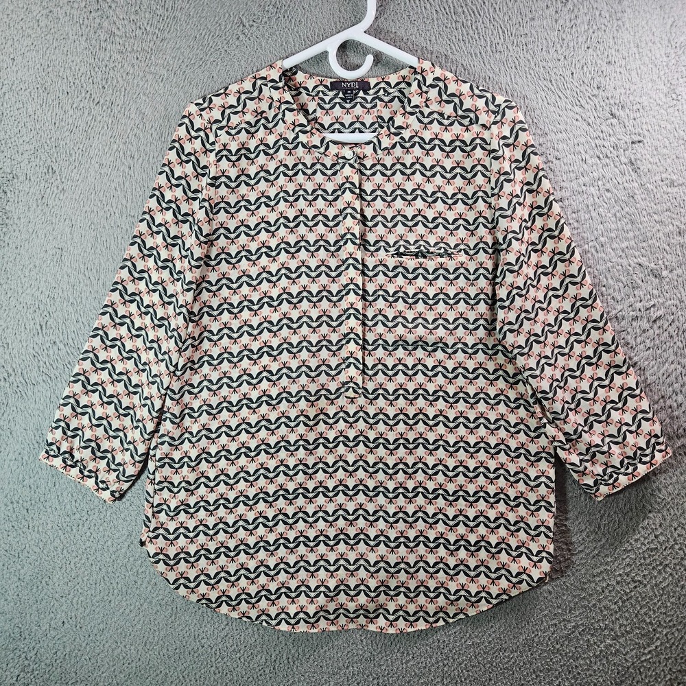 NYDJ‎ Tunic Top Blouse Women Medium Fruit Geometric Print 1/2 Button Punch Gray